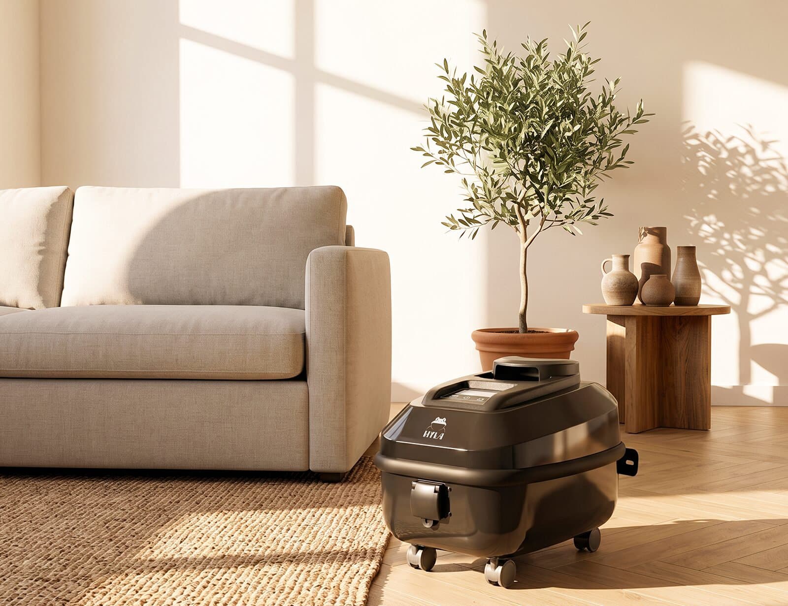 HYLA Steamer im Wohnzimmer neben Sofa und Couchtisch